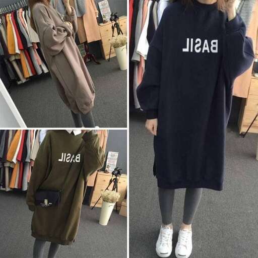 a fashion look featuring long sleeves, a long - sleeved sweater and white sneakers.