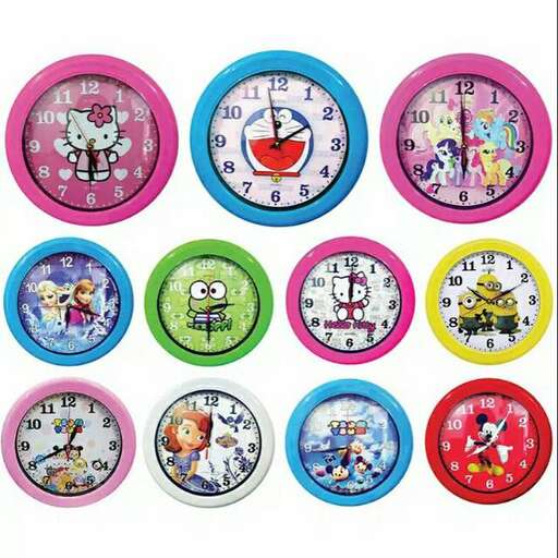 a collection of colorful clocks with different colored faces.