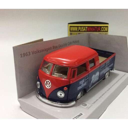 a toy bus is shown in a display case.
