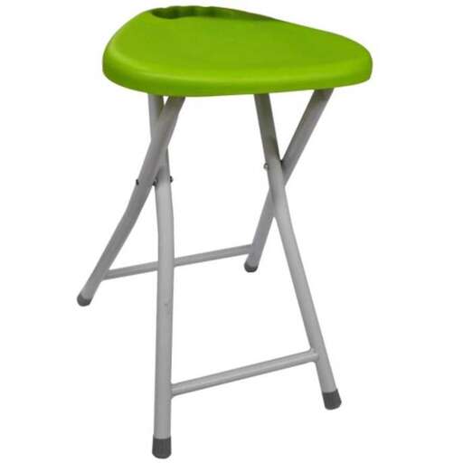 the stool is made of plastic and has a green seat.