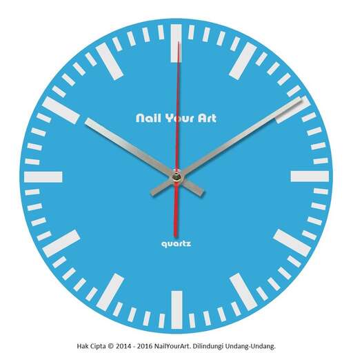 a blue wall clock with a red second hand and a white arrow.