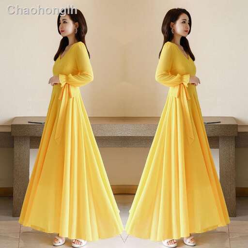 yellow dress with a long skirt