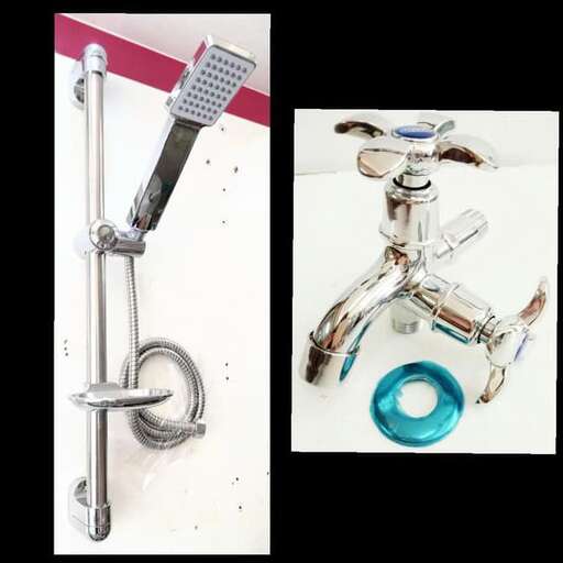 a silver faucet and a blue and white toothbrush holder.