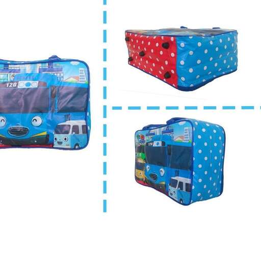 a blue suitcase with a blue bag on top of it.