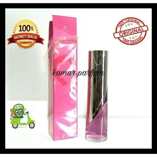 a pink bottle with a pink ribbon.