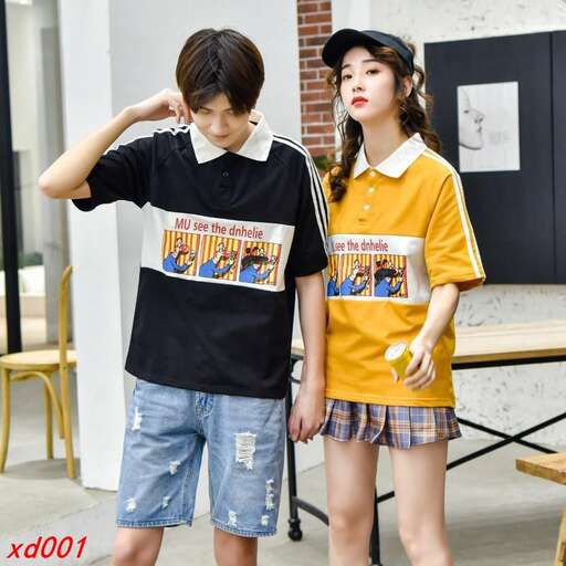 a boy and a girl in a yellow shirt and shorts.