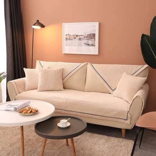 a living room with a couch, table, and a plant.