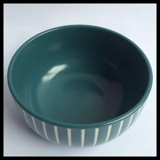 a bowl of water in a white and blue color.