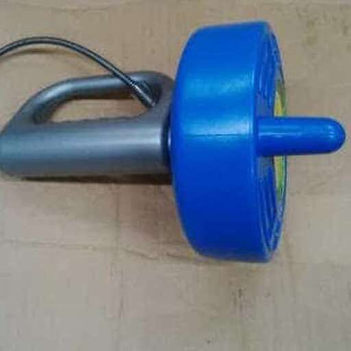 a blue plastic tube with a black handle.