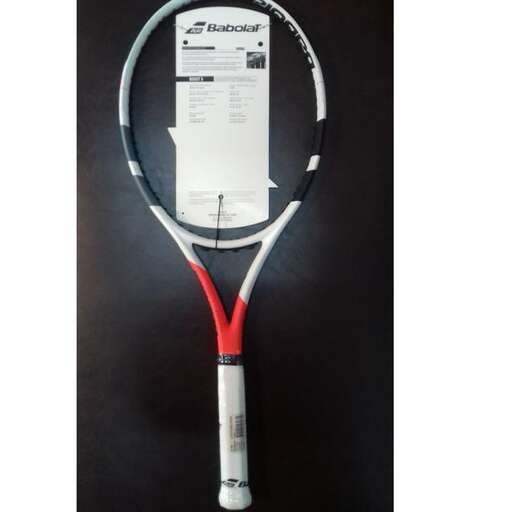 a tennis racket with a white label on it.