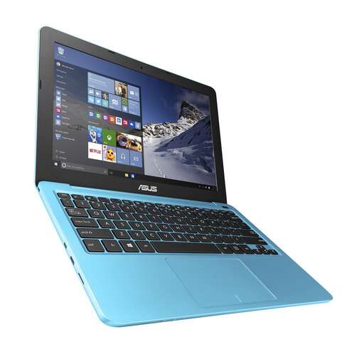 a blue laptop computer with a touch screen.