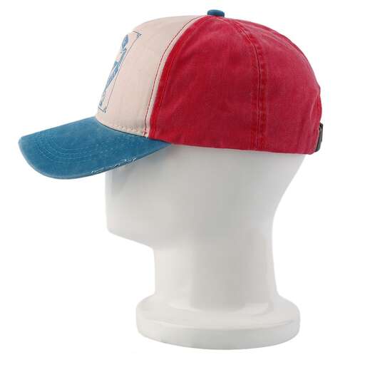 baseball cap with a blue and red cap