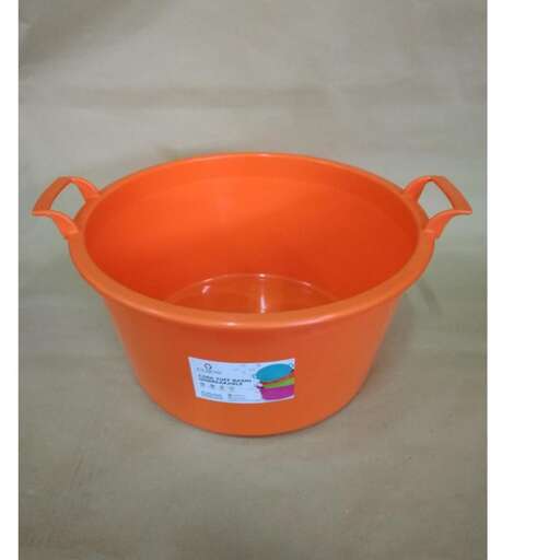large orange plastic tub with a white label