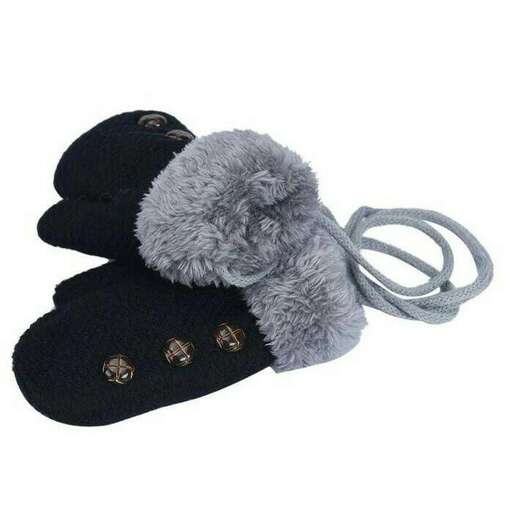 a pair of black knitted mittens with a silver buckle.