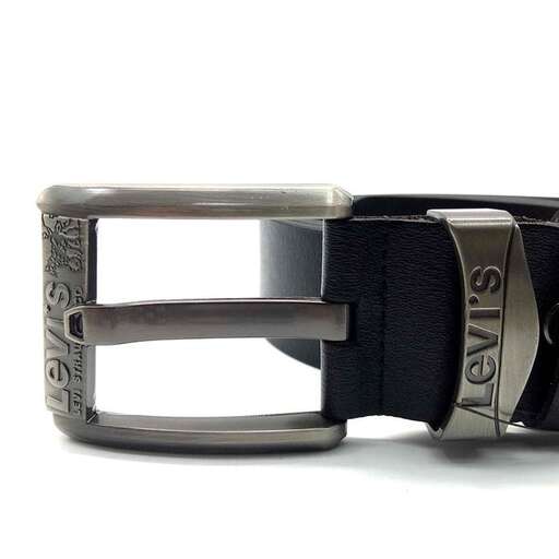 a black leather belt with a silver buckle.