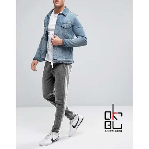 men's denim jacket with a white tee and a denim jacket.