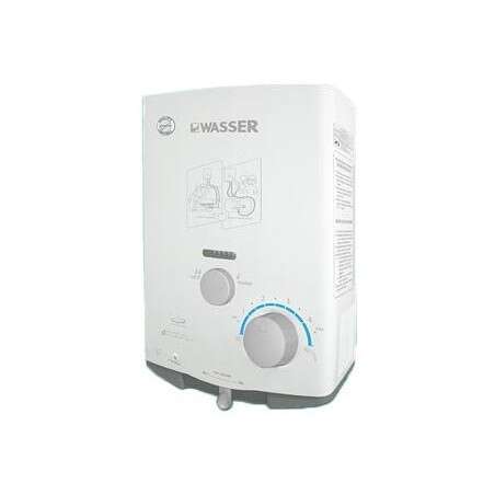 a water heater that is white with blue and red accents.