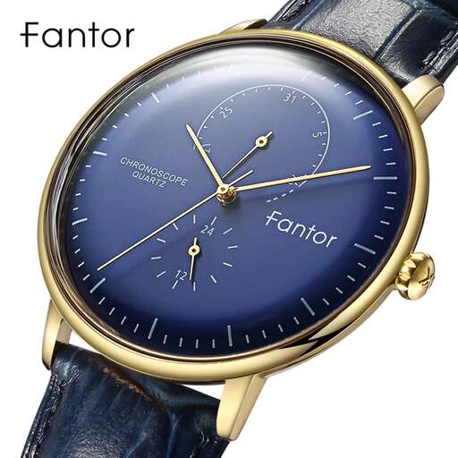 a watch that is made of solid brass and black leather.
