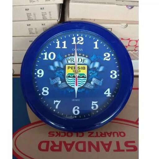 a blue clock with a picture of a flag on it.