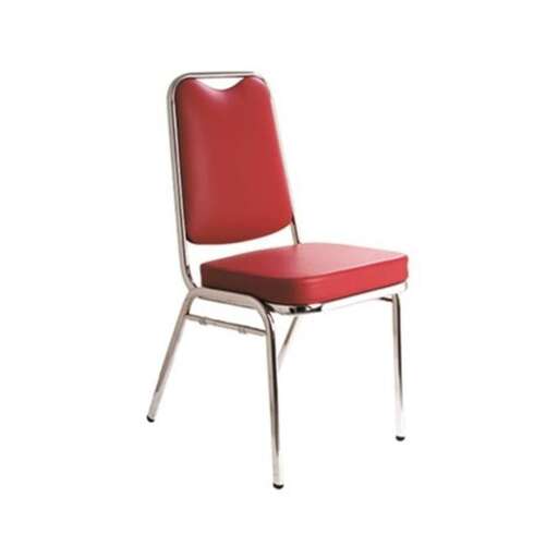a red chair with a metal frame