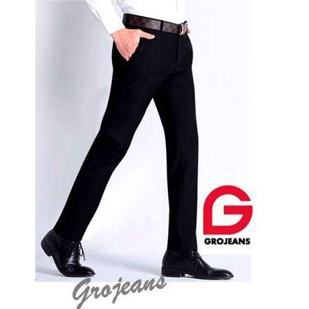 men's black men's pants with a white shirt and black leather belt.